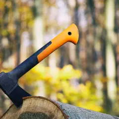 Un hacha con mango naranja y negro clavada en un tronco, lista para el trabajo en el bosque otoñal.
