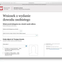 Formularz wniosku o wydanie dowodu osobistego. Wybierz powód ubiegania się o dowód i dodaj zdjęcie.