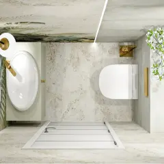 Eleganckie, bardzo małe wc aranżacje: umywalka, toaleta, prysznic i lustro w łazience z motywem tropikalnym.
