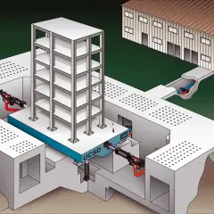 Illustrazione di un sistema di costruzione antisismica con un edificio a più piani su una piattaforma mobile, ammortizzatori e un edificio adiacente.