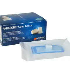 Gąbka kolagenowa stomatologia co to jest? Opakowanie PARASORB® Cone Genta z resorbowalnymi stożkami kolagenowymi, wspomagającymi gojenie.