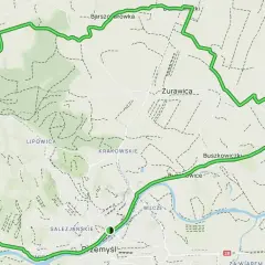 Mapa z zaznaczoną zieloną pętlą - forteczna trasa rowerowa wokół Przemyśla.