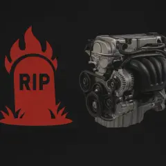 Lápida roja con "RIP" y un motor de coche, quizás el fin del turbo atmosférico.