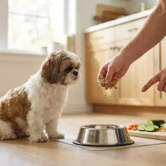 Mały piesek patrzy na rękę, która podaje mu kiełki. Zastanawiasz się, czy pies może jeść agrest?