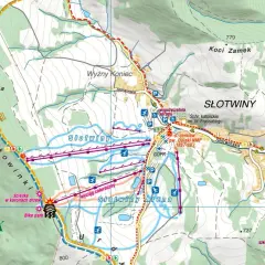 Mapa turystyczna okolic Krynicy-Zdroju. Widać tu góry takie jak Bukowinki i Drabiakówka, a także stoki narciarskie Słotwiny.