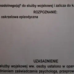 Dokument orzeka o niezdolności do służby wojskowej, zaliczając do kategorii A**. Rozpoznanie: astma oskrzelowa epizodyczna. Kategoria d wojsko.