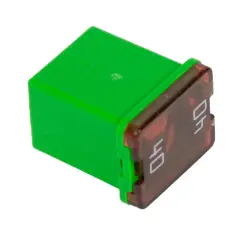 Zielony bezpiecznik samochodowy z oznaczeniem 40 amp. To nie jest kryptowaluta AMP, lecz element elektryczny.