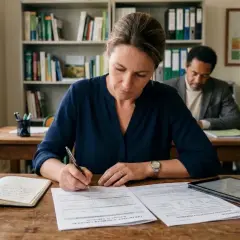Une femme concentrée rédige un document, peut-être pour un certiphyto conseil, dans une salle de classe avec des étagères remplies de livres.
