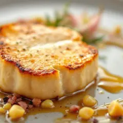 Un délicieux foie gras poêlé, nappé d'une sauce au rhum, servi avec des petits pois et des dés de lard.