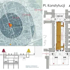 Mapa pokazuje zasięg 5 i 10 minut od stacji metra M1 Pl. Konstytucji. Obok schemat węzła z ulicami Marszałkowską, Wilczą i Koszykową.