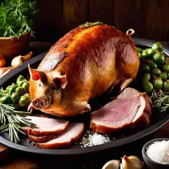 Un magnifique cochon à la broche doré, servi avec des tranches de viande, des petits fruits verts, des oignons et des herbes aromatiques.