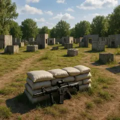 Campo de entrenamiento para airsoft, con barricadas de sacos de arena y estructuras de hormigón. Réplica de rifle de asalto lista para la acción.