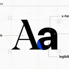 Letras sueltas "Aa" con etiquetas que explican el interlineado, x-height, jerarquía y legibilidad.