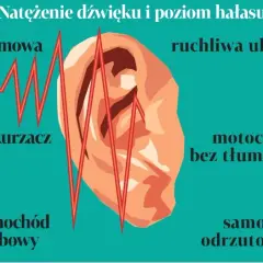 Ilustracja pokazuje różne poziomy głośności dźwięku: rozmowa (50 dB), odkurzacz (60 dB), samochód (80 dB), ruchliwa ulica (95 dB), motocykl bez tłumika (110 dB) i samolot odrzutowy (140 dB).