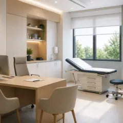 Interno moderno di un **progetto studio medico**: scrivania con computer, lettino visita, sedie e armadietti.