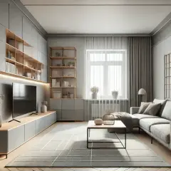 Nowoczesny salon z szarymi ścianami, inspiracja z modne kolory ścian galeria zdjęć. Jasne meble, wygodna sofa i duży telewizor.