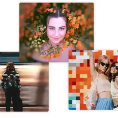 Kobieta w kwiatach, dziewczyna z plecakiem na tle pędzącego pociągu z efektem blur, dwie przyjaciółki na tle mozaiki.