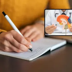 Escribir a mano estimula el cerebro, como muestra este médico con un modelo cerebral. Descubre las ventajas de escribir a mano.