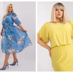 Eleganckie sukienki na wesele dla mamy plus size: błękitna w kwiaty i żółta z rozcięciami na rękawach.