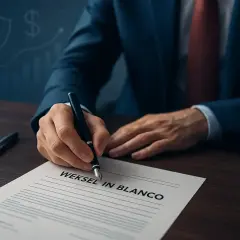 Biznesmen podpisuje weksel in blanco. Na ekranie laptopa wykres finansowy.