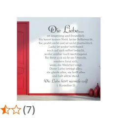 Wandaufkleber mit dem Text aus 1. Korinther 13 über die Liebe, neben einer roten Tür.