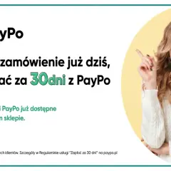 Uśmiechnięta kobieta zachęca do zakupów z PayPo. Zamów dziś i zapłać za 30 dni. Płatności PayPo dostępne w sklepie.