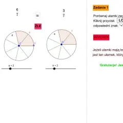 Porównywanie ułamków 6/7 i 3/7 za pomocą kół podzielonych na 7 części. Wniosek: większy licznik oznacza większy ułamek.
