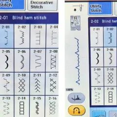 Sewing machine screen showing various blind hem stitch options. Learn how to use a blind hem foot for invisible stitches.