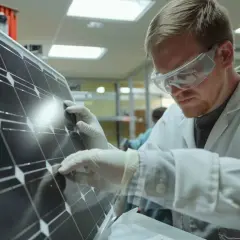 Naukowiec w okularach ochronnych bada ogniwo słoneczne. To przyszłość energii, być może z wykorzystaniem perowskitów.