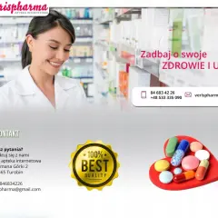 Uśmiechnięta farmaceutka w aptece Verispharma. Dbaj o zdrowie i urodę z nami. Maxiluten dla lepszego samopoczucia.