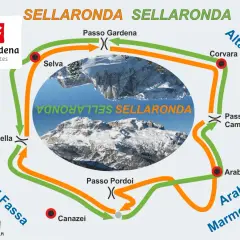 Mapa Sellaronda w Val di Fassa. Trasy narciarskie zielona i pomarańczowa, przełęcze: Gardena, Sella, Pordoi, Campolongo, miejscowości: Selva, Corvara, Arabba, Canazei.