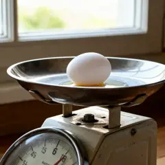 Un œuf blanc sur une balance ancienne, prêt à être pesé. Le poids blanc d'œuf est sur le plateau métallique.