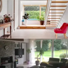 Avant/après rénovation maison : entrée lumineuse avec escalier moderne et salon cosy donnant sur jardin verdoyant.