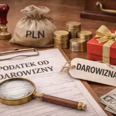 Dokument "Podatek od darowizny" obok prezentu, worka z PLN i monet. Czy synowa zapłaci podatek od darowizny?