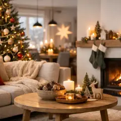 Mysig inredning jul med tänd brasa, julgran och levande ljus. En varm och inbjudande atmosfär.