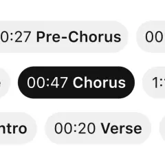 Koko koko koko! Widok przedstawia fragment interfejsu z podziałem na sekcje utworu: Intro, Verse, Pre-Chorus, Chorus i Bridge, z zaznaczonym 00:47 Chorus.