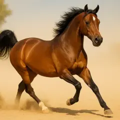 Piękny koń czystej krwi arabskiej w galopie, wzbijający tumany piasku. Jego kasztanowa sierść lśni w słońcu.