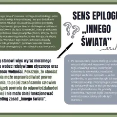Grafika z tekstem "SENS EPILOGU „INNEGO ŚWIATA”", piórem i znakiem zapytania.