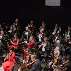Orchestra di cantanti della Basilicata in concerto, con musicisti che suonano violini, flauti, ottoni e altri strumenti.