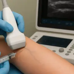 Lekarz wykonuje skleroterapię pod kontrolą USG. Obserwacja obrazu USG może pomóc w wykryciu niepokojących objawów po skleroterapii.