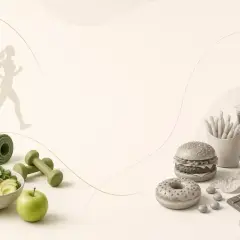Zdrowa żywność i akcesoria sportowe po lewej, niezdrowa żywność po prawej.