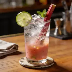 En uppfriskande rabarber mojito med lime, mynta och is på en träbar.
