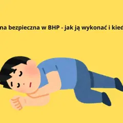 Chłopiec w pozycji bocznej bezpiecznej na żółtym tle. Ilustracja pokazuje, jak prawidłowo ułożyć się w tej pozycji.