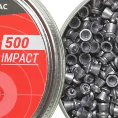 Puszka śrutu do wiatrówki "500 IMPACT" i pełna zawartość drobnego, ołowianego śrutu.
