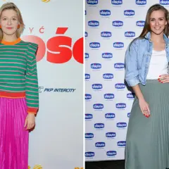 Dwie kobiety prezentują spódnice plisowane: jedna w stylizacji z kolorowym swetrem i torebką, druga w jeansowej kurtce.