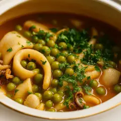 Un gustoso piatto di seppioline surgelate con piselli, cotte in un sugo saporito e guarnite con prezzemolo fresco.
