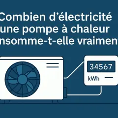 Une pompe à chaleur électrique et un compteur affichant 34567 kWh. L'image interroge sur la consommation réelle de cet appareil.