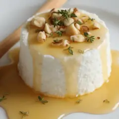 Un délicieux fromage frais faisselle, nappé de miel doré et garni de noisettes et de thym. Un délice !