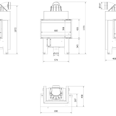 Rysunek techniczny przedstawia wkłady kominkowe z podanymi wymiarami: szerokość 660 mm, wysokość 388 mm, głębokość 400 mm.