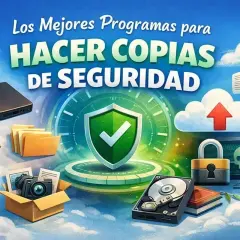 Ilustración sobre para que sirve una copia de seguridad, con iconos de disco duro, nube, candado, carpetas y cámara.